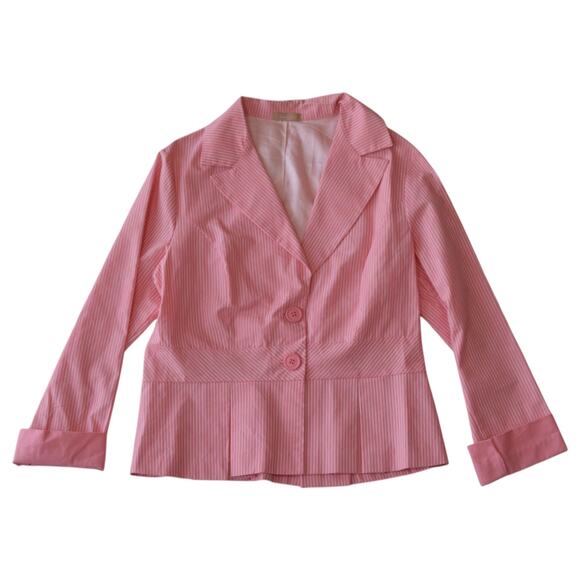 Y2K Pink Striped Cotton Blazer Size Medium Large | Pleated Hem Cropped Jacket - Picture 1 of 6